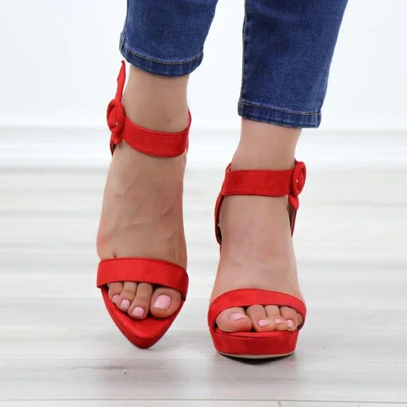 Faux Suede Red Platform Open Pointy Toe High Heels - Picture 9 of 14